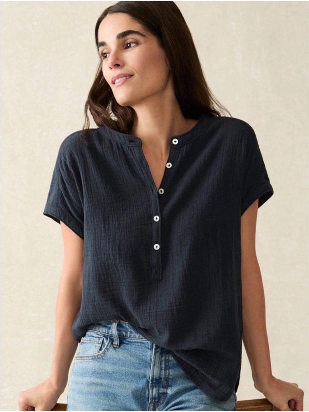 Faherty Dream Desmond Top Size Large Navy Henley Short-Sleeve Double Gauze Soft